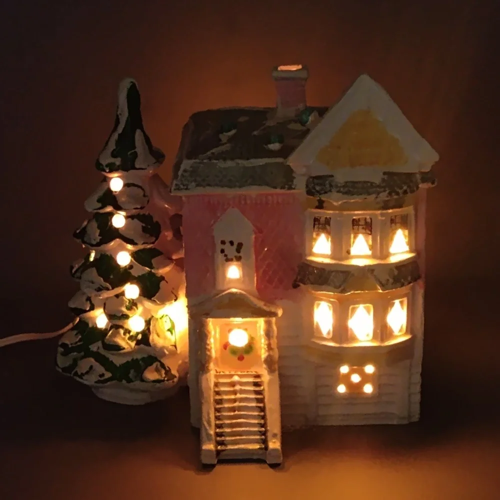 Vintage Dept 56 Snow Village Victorian House 50070 Pink White 1977 W/ Light - Picture 2 of 16